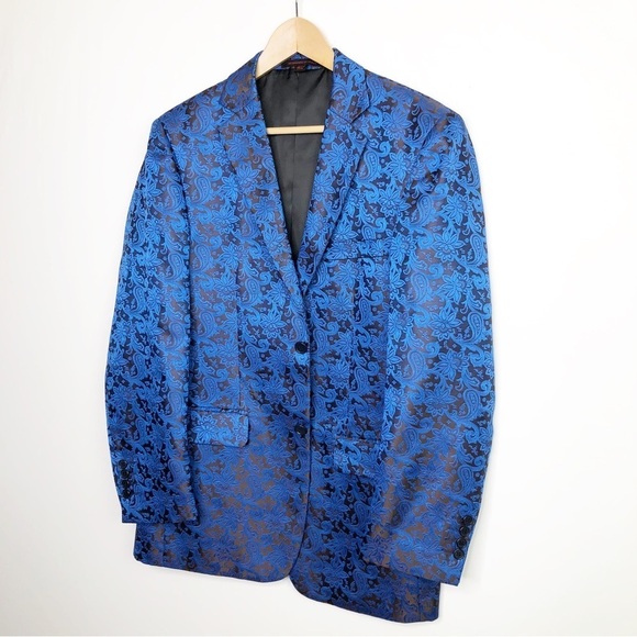 𝅺Leonardi Blue Jacquard paisley, print hand tailored blazer - Picture 3 of 13